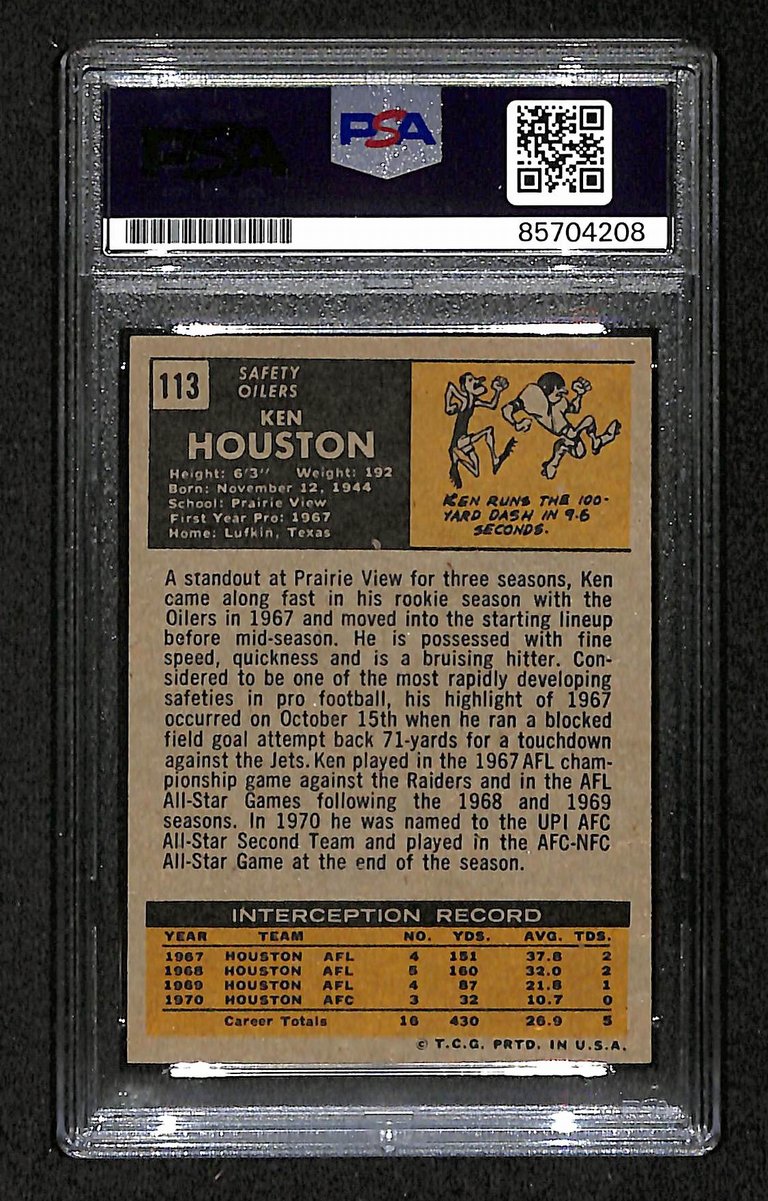 1971 TOPPS RC Ken Houston HOF Signed/Inscr Card #240 Oilers PSA/DNA 203880