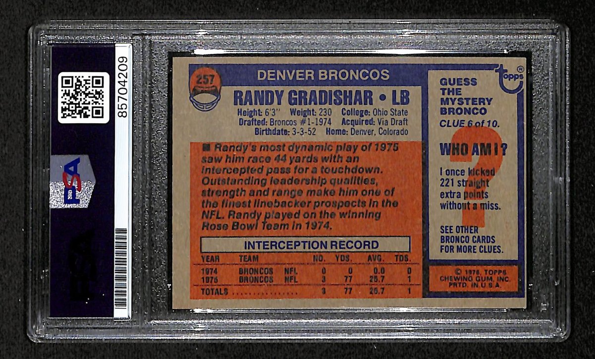 1976 TOPPS RC Randy Gradishar HOF Signed/Inscr Card #257 Broncos PSA/DNA 203881