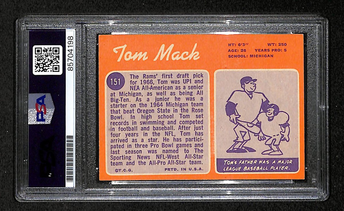 1970 TOPPS RC Tom Mack HOF Signed/Inscribed Card #151 Rams PSA/DNA 203883