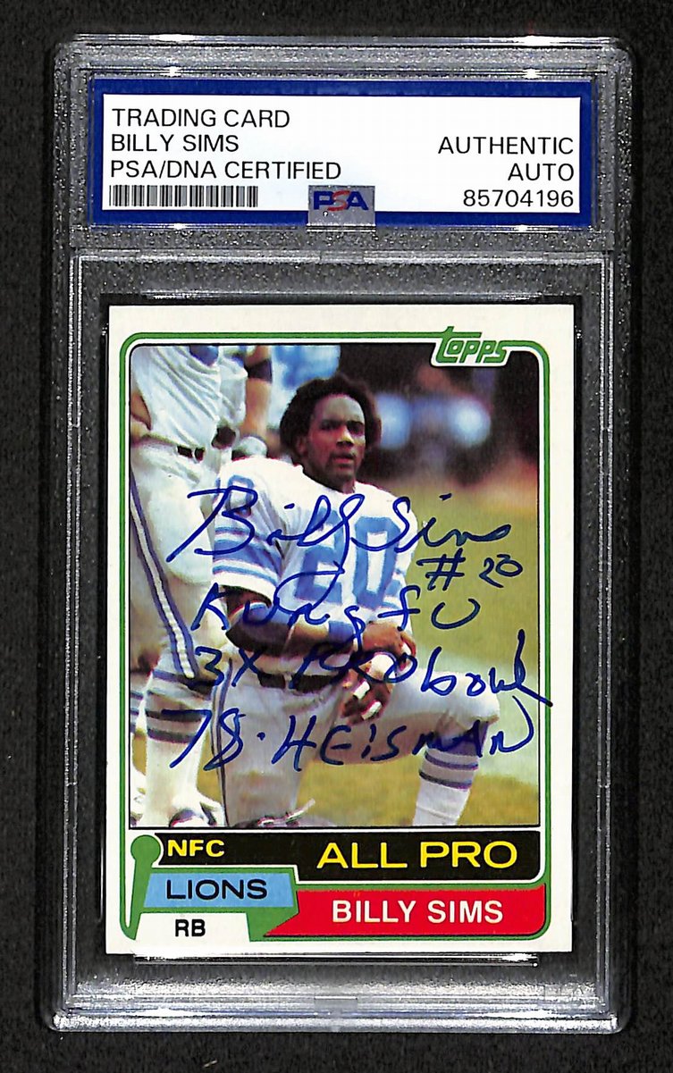 1981 TOPPS RC Billy Sims Signed/Inscribed Card #100 Lions PSA/DNA 203886