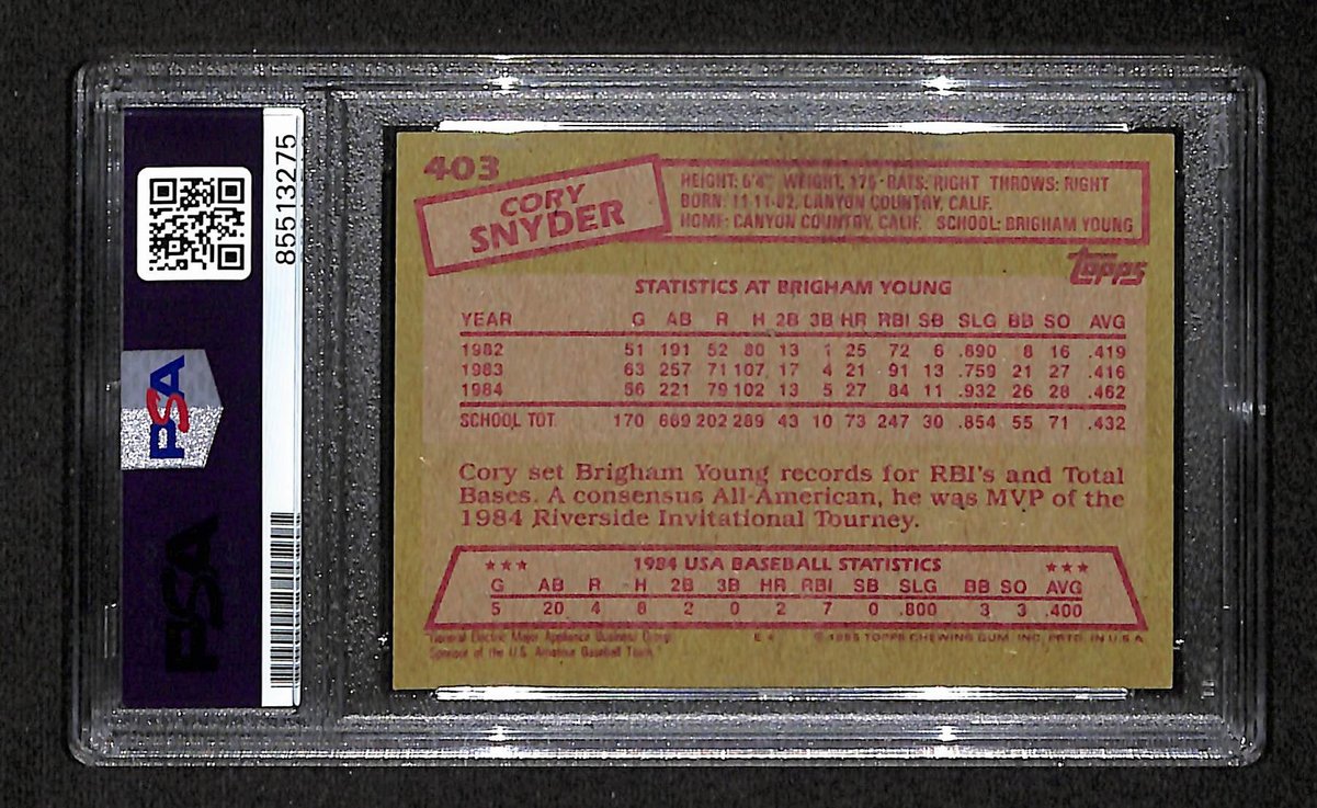 1985 TOPPS Cory Snyder Signed/Autographed Card #403 Team USA PSA/DNA 203891