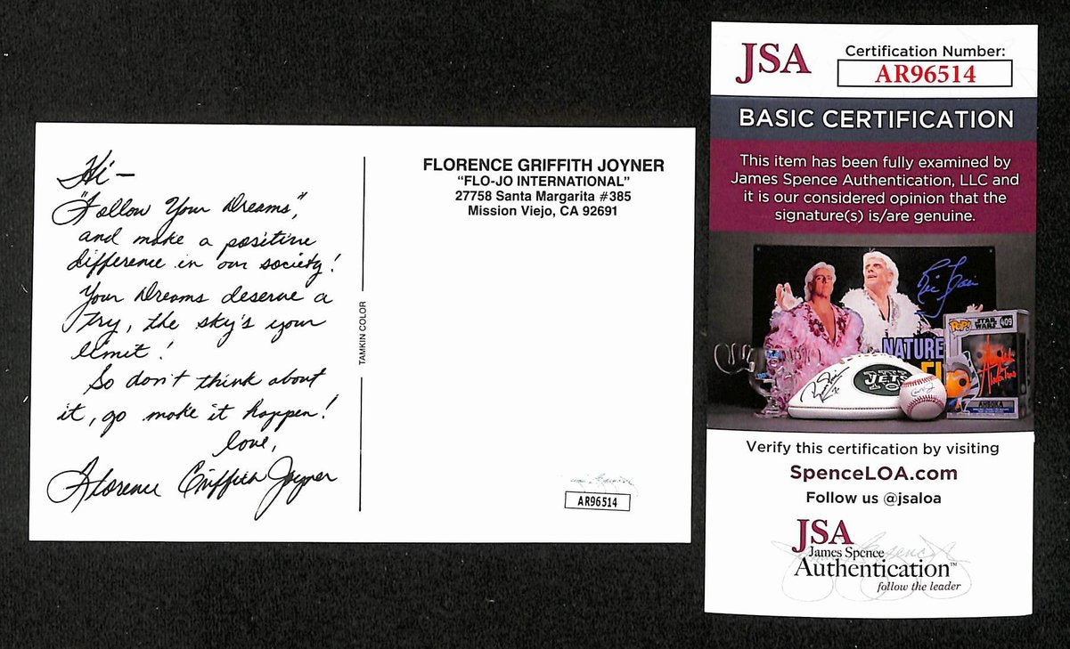 Florence Griffith Joyner Signed/Auto 5.5x3.5 Postcard Olympic Runner JSA 204191