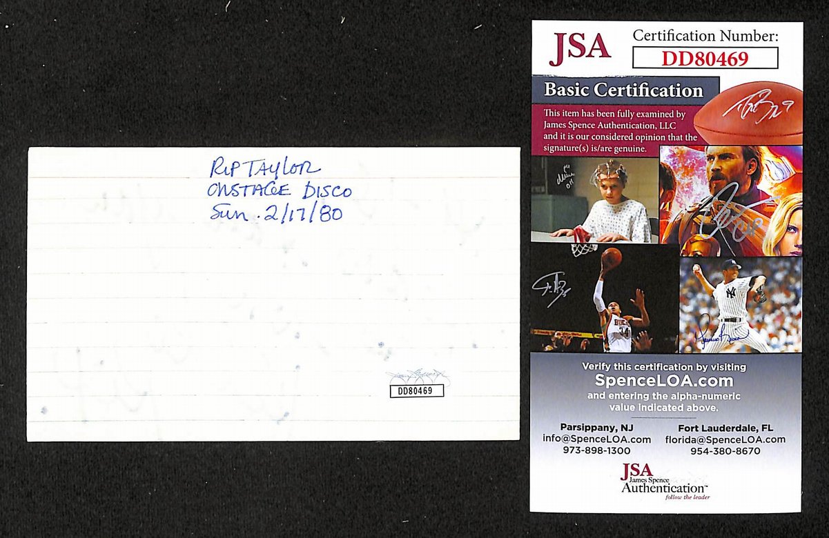 Rip Taylor Comedian Signed/Inscribed 3x5 Index Card JSA 204194