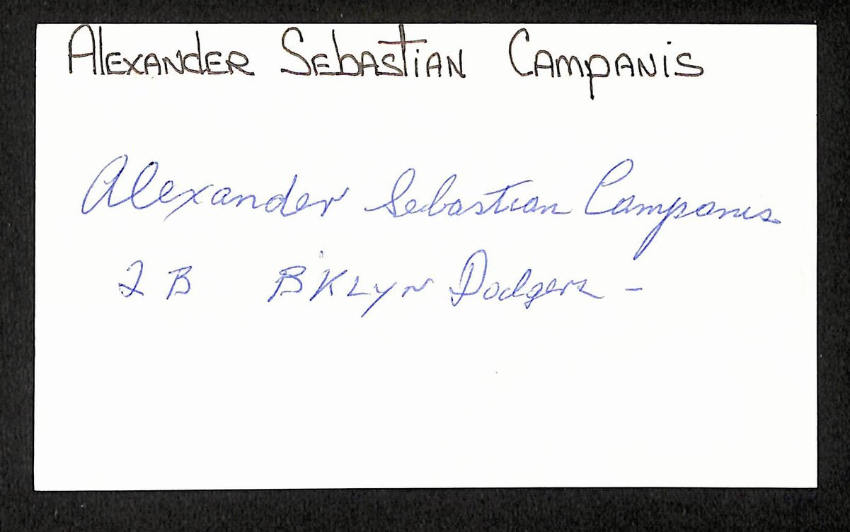 Al Campanis Signed/Inscribed 3x5 Index Card 1943 Brooklyn Dodgers JSA 204197
