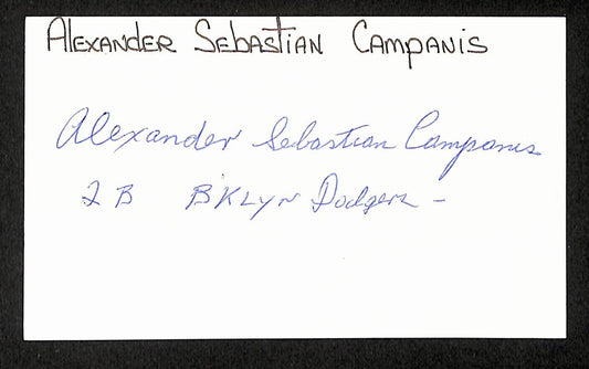 Al Campanis Signed/Inscribed 3x5 Index Card 1943 Brooklyn Dodgers JSA 204197