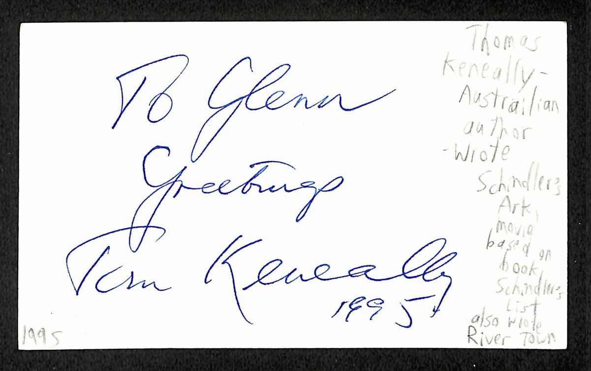 Thomas Keneally Author Signed/Inscr 3x5 Index Card "Schindler's Ark" JSA 204201