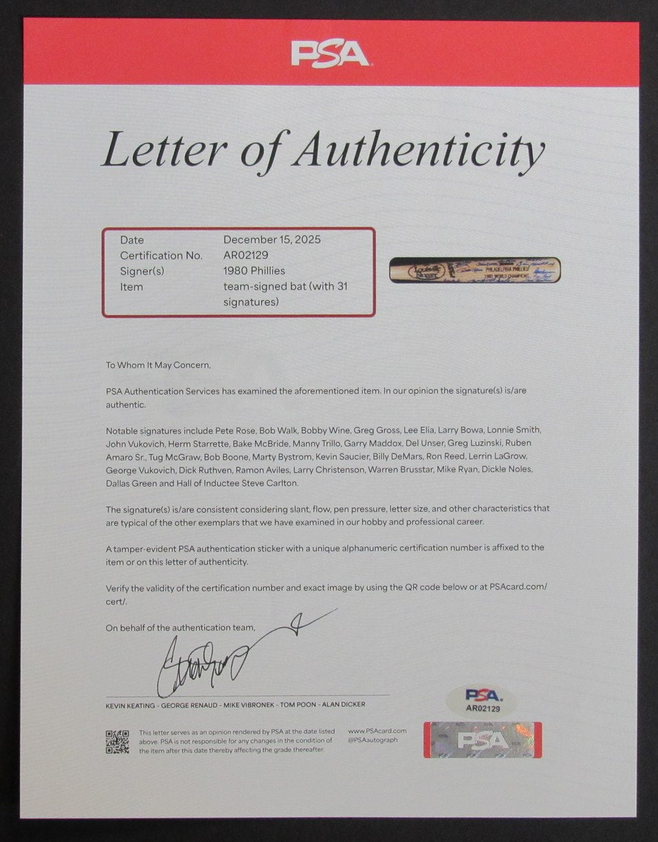 1980 World Series Champs Phillies Bat Signed by (31) Rose McGraw PSA/DNA 203439