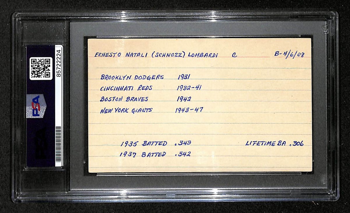 Ernie Lombardi HOF Signed/Autographed 3x5 Index Card PSA/DNA Reds BA203984