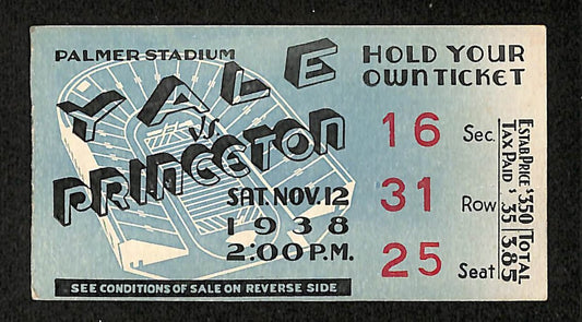 11/12/1938 College Football Game Ticket Stub Yale vs. Princeton 204533