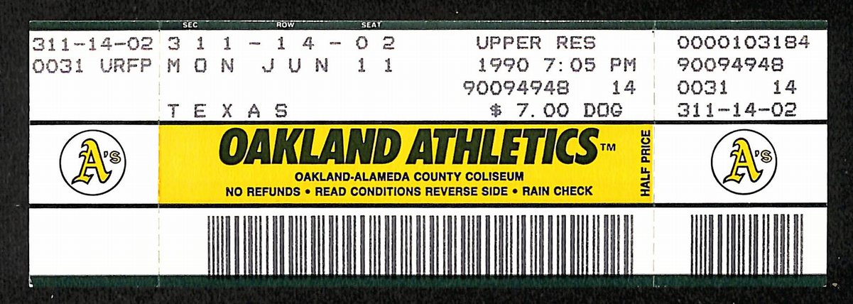 6/11/1990 Full Ticket Texas Rangers vs. Oakland A's Ryan 7th No Hitter 204540