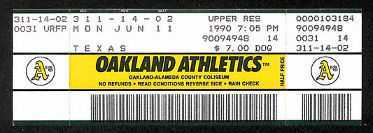 6/11/1990 Full Ticket Texas Rangers vs. Oakland A's Ryan 7th No Hitter 204540