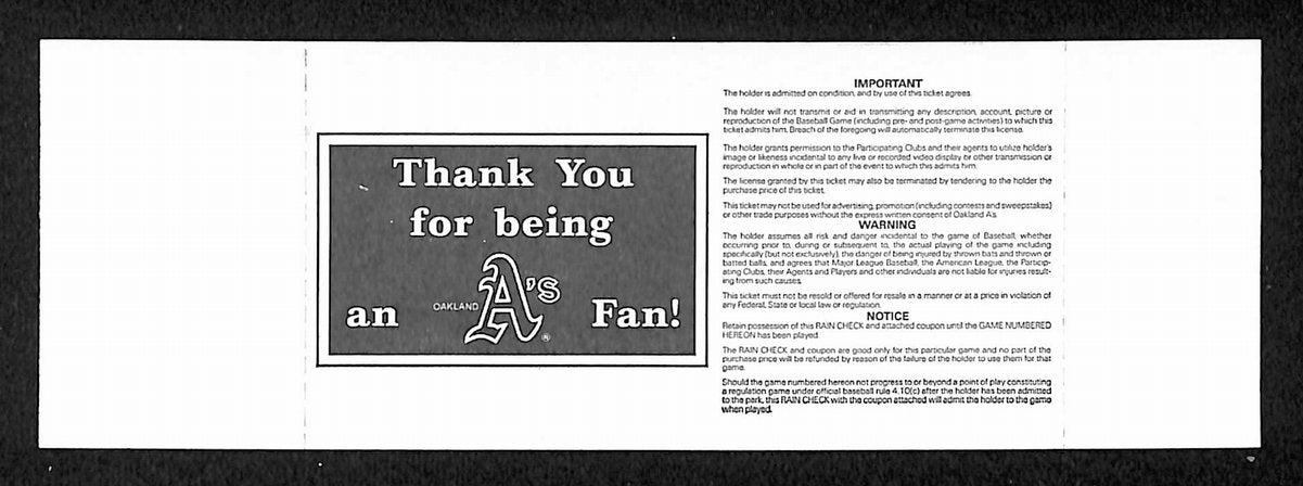 6/11/1990 Full Ticket Texas Rangers vs. Oakland A's Ryan 7th No Hitter 204540