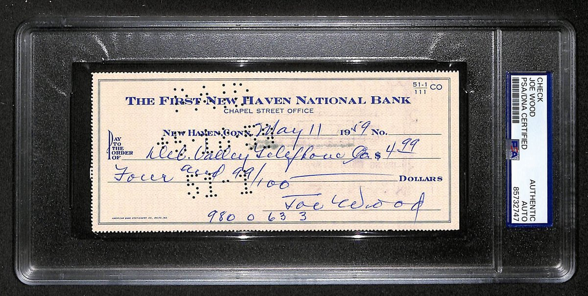 Smokey Joe Wood HOF Signed/Auto 1959 Bank Check Boston Red Sox PSA/DNA 204499