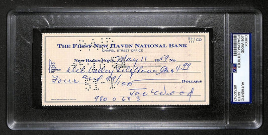 Smokey Joe Wood HOF Signed/Auto 1959 Bank Check Boston Red Sox PSA/DNA 204499