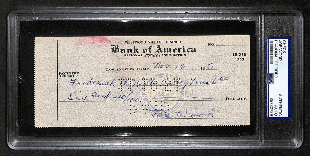 Smokey Joe Wood HOF Signed/Auto 1951 Bank Check Boston Red Sox PSA/DNA 204501
