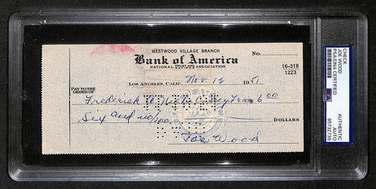 Smokey Joe Wood HOF Signed/Auto 1951 Bank Check Boston Red Sox PSA/DNA 204501
