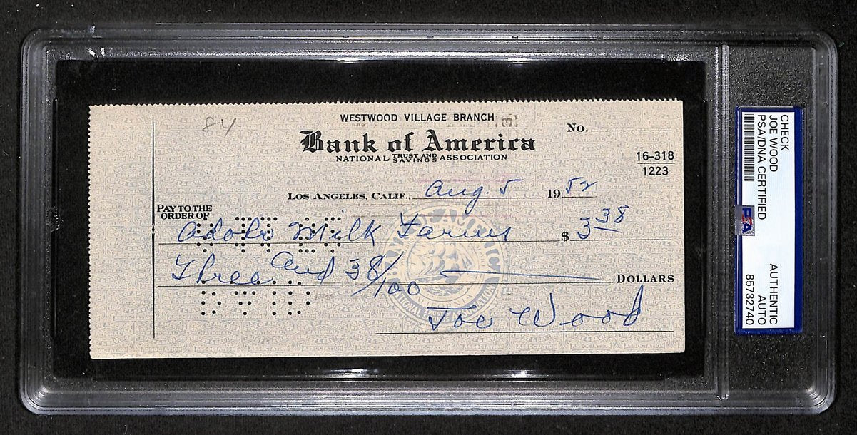 Smokey Joe Wood HOF Signed/Auto 1952 Bank Check Boston Red Sox PSA/DNA 204502