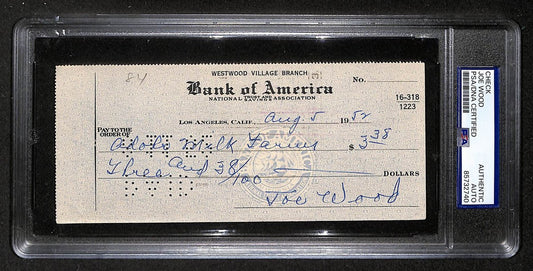 Smokey Joe Wood HOF Signed/Auto 1952 Bank Check Boston Red Sox PSA/DNA 204502