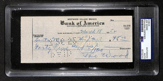 Smokey Joe Wood HOF Signed/Auto 1952 Bank Check Boston Red Sox PSA/DNA 204503