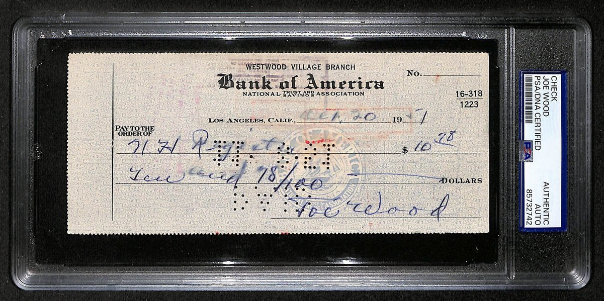 Smokey Joe Wood HOF Signed/Auto 1951 Bank Check Boston Red Sox PSA/DNA 204504