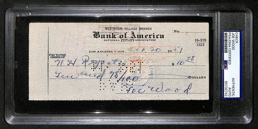 Smokey Joe Wood HOF Signed/Auto 1951 Bank Check Boston Red Sox PSA/DNA 204504