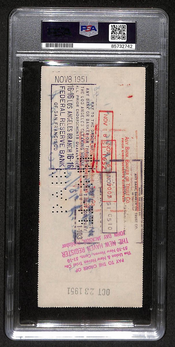 Smokey Joe Wood HOF Signed/Auto 1951 Bank Check Boston Red Sox PSA/DNA 204504