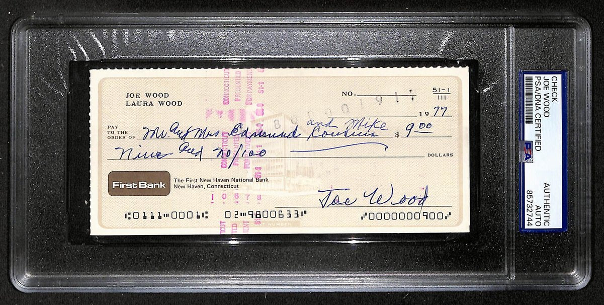 Smokey Joe Wood HOF Signed/Auto 1977 Bank Check Boston Red Sox PSA/DNA 204505
