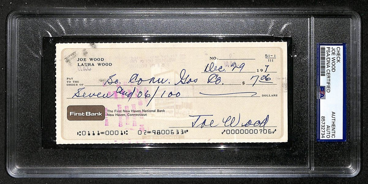 Smokey Joe Wood HOF Signed/Auto 1979 Bank Check Boston Red Sox PSA/DNA 204506