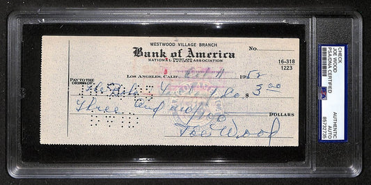 Smokey Joe Wood HOF Signed/Auto 1952 Bank Check Boston Red Sox PSA/DNA 204507