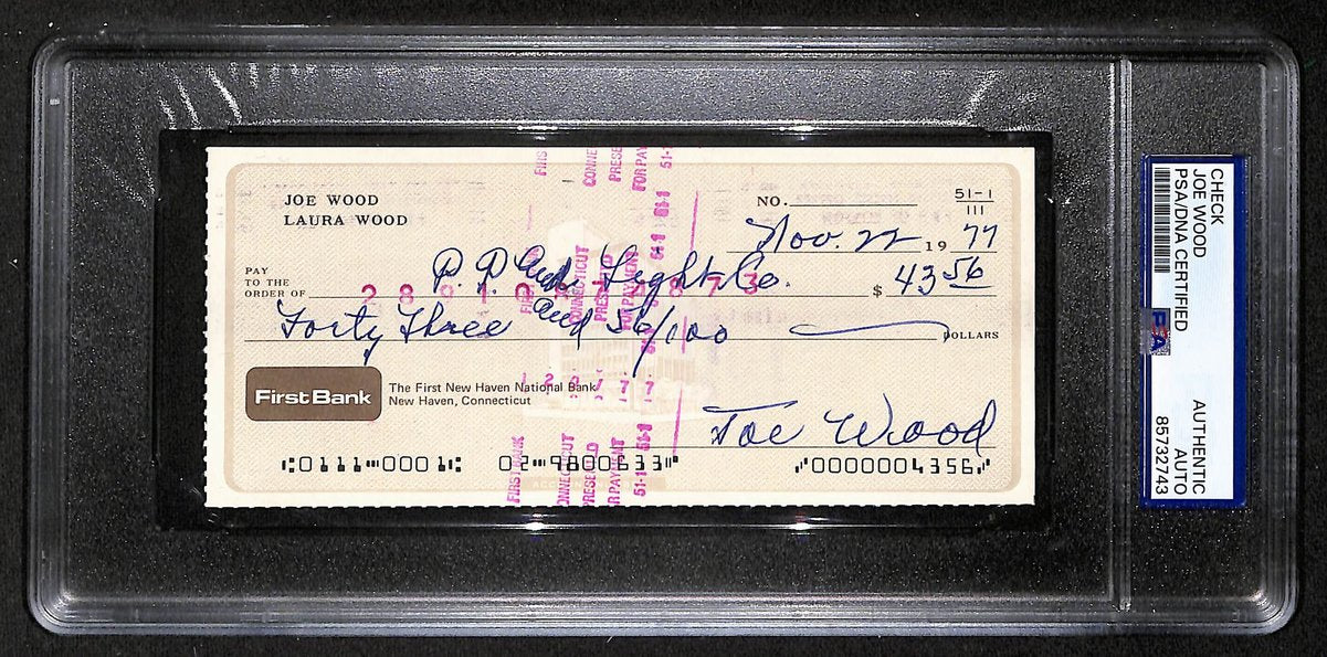 Smokey Joe Wood HOF Signed/Auto 1977 Bank Check Boston Red Sox PSA/DNA 204509