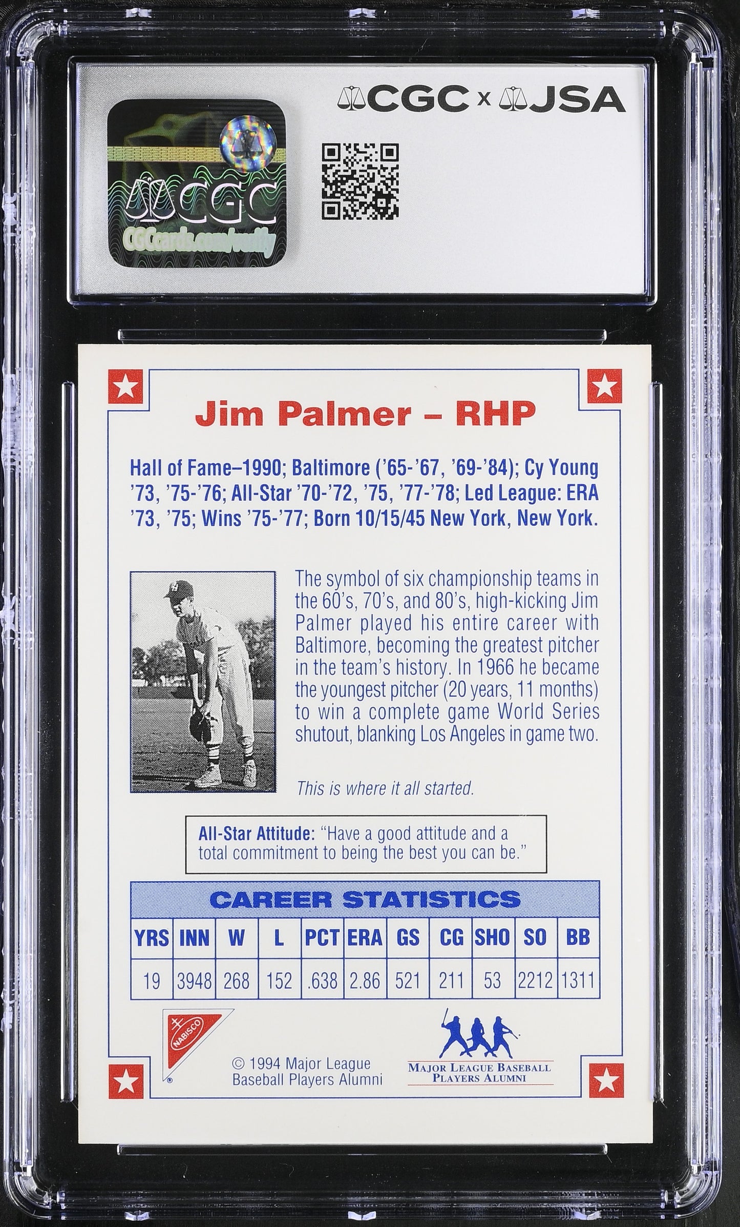 Jim Palmer 1994 Nabisco All-Star Legends Signed Card HOF CGC x JSA BA206386