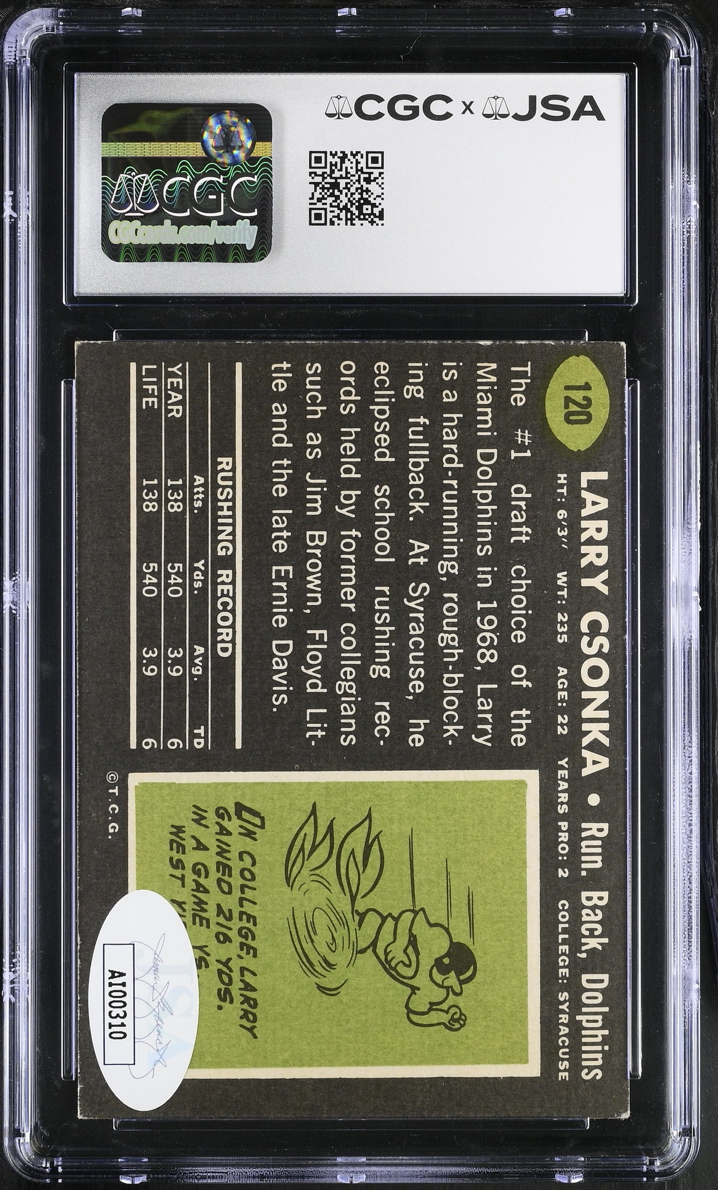Larry Csonka 1969 Topps Signed/Auto Card #120 CGC x JSA Dolphins BA206391