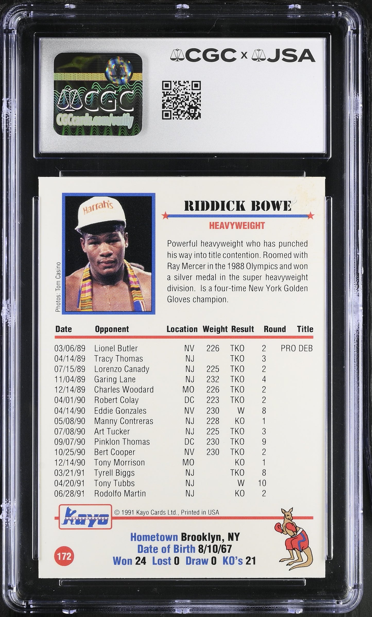 Riddick Bowe 1991 Kayo Signed/Auto Boxing Card #172 CGC x JSA 10 BA206393