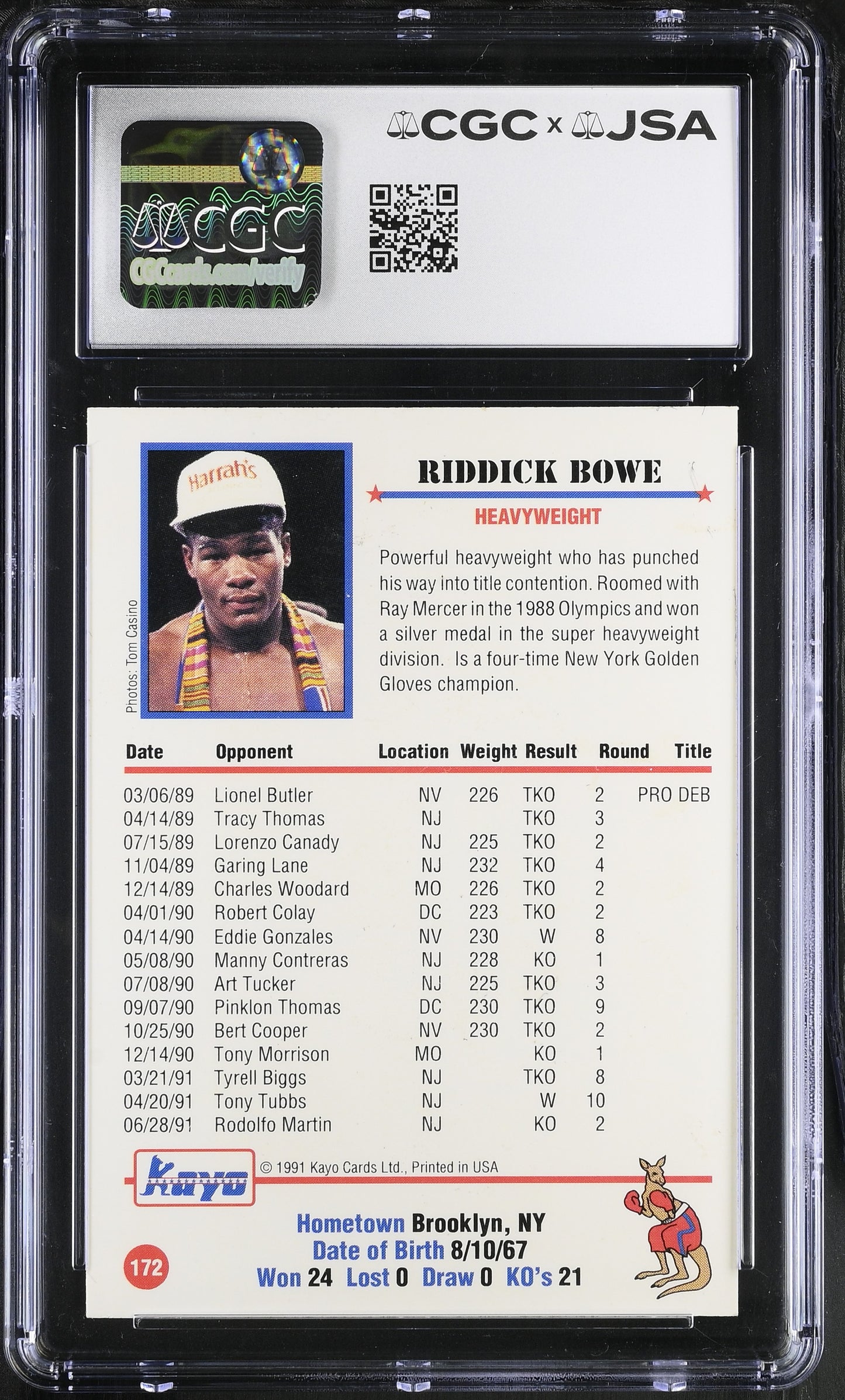 Riddick Bowe 1991 Kayo Signed/Auto Boxing Card #172 CGC x JSA BA206394