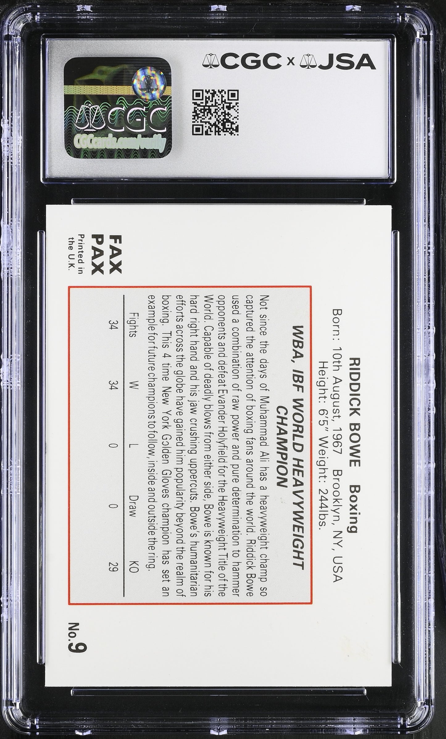 Riddick Bowe 1993 Fax Pax Signed/Auto Boxing Card #9 CGC x JSA BA206395
