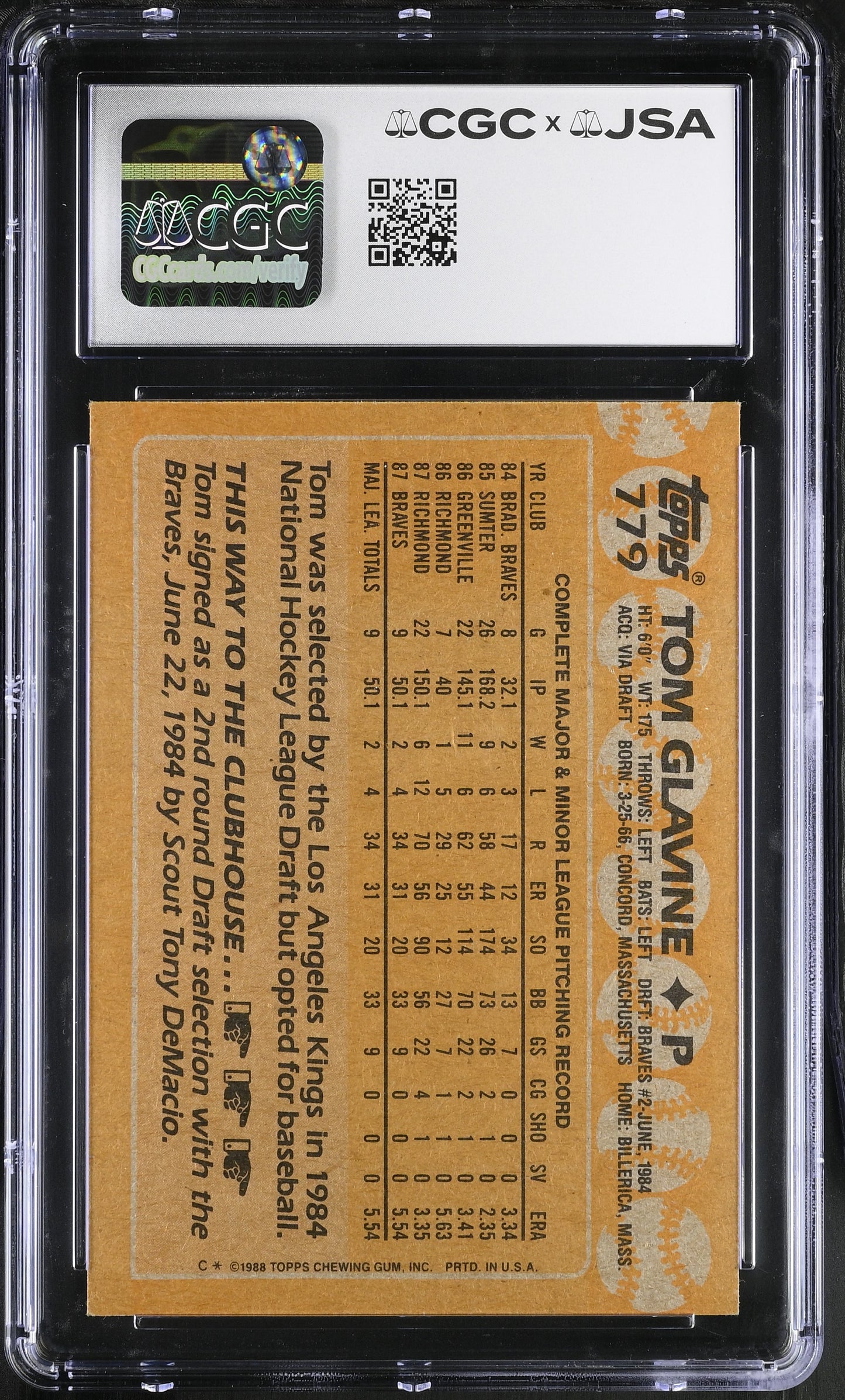 Tom Glavine 1988 Topps Signed/Autographed Card #779 HOF CGC x JSA BA206403