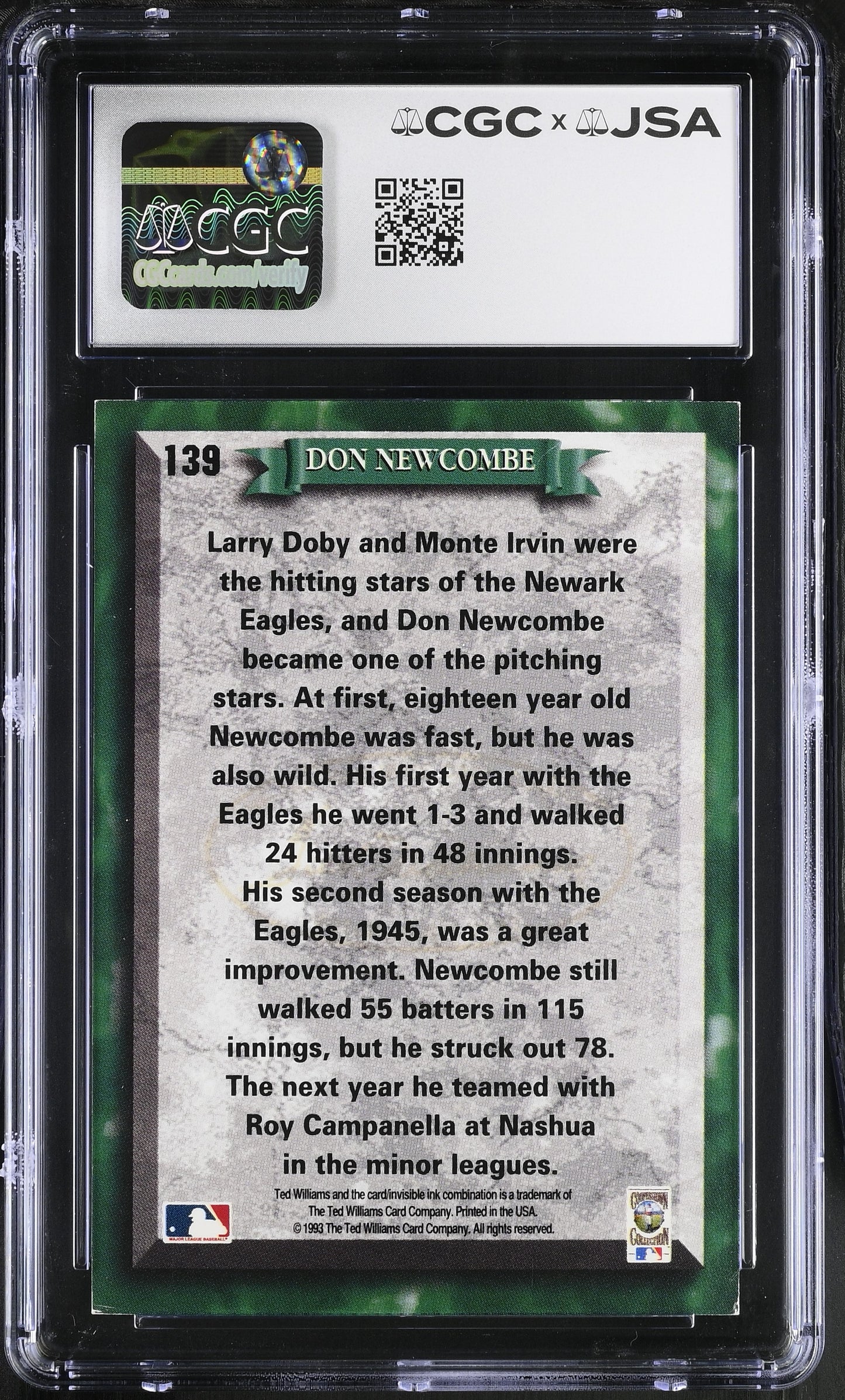 Don Newcombe 1993 Ted Williams Co. Signed/Auto Card #139 CGC x JSA BA206404
