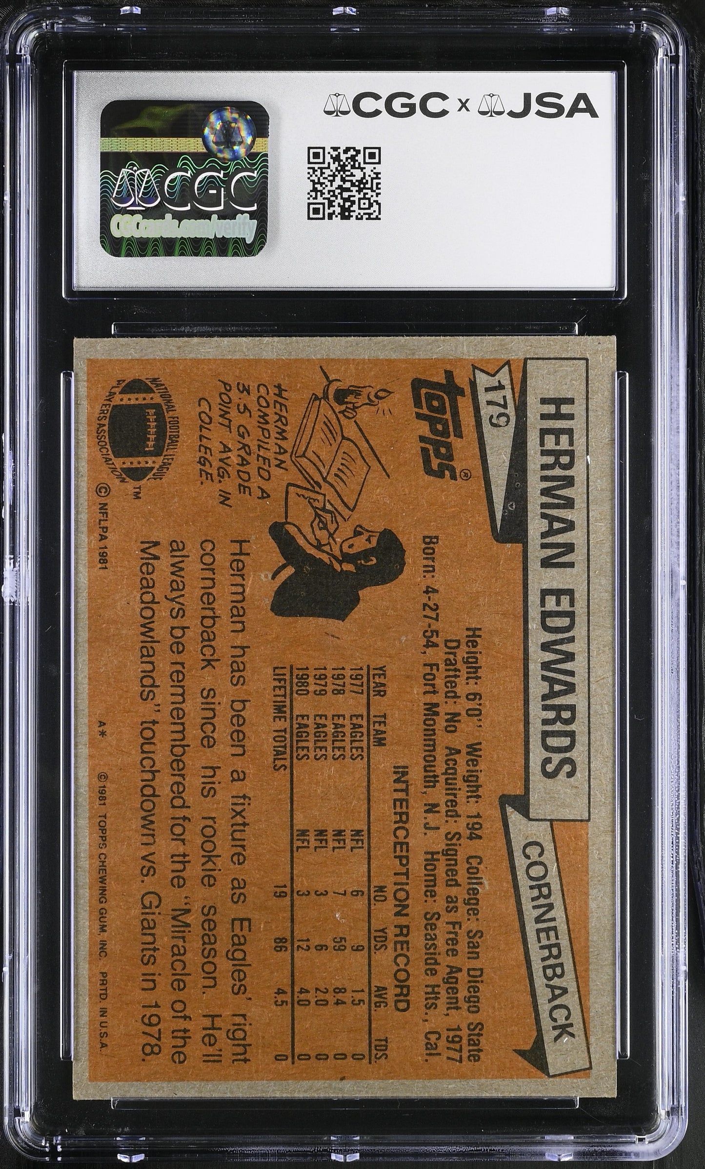 Herman Edwards 1981 Topps Signed/Autographed Card #179 CGC x JSA BA206405