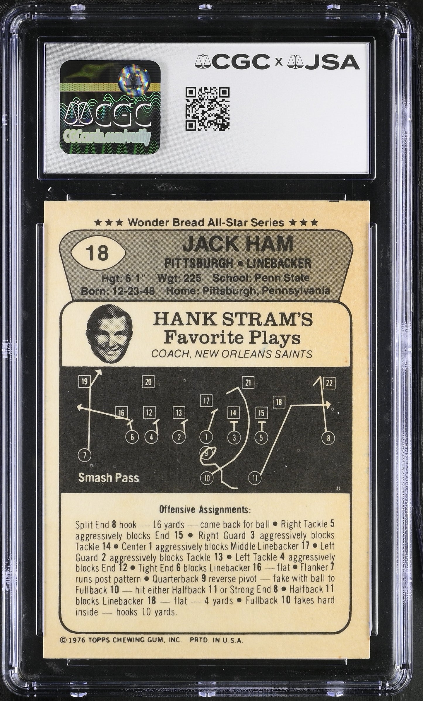 Jack Ham 1976 Wonder Bread Signed/Autographed Card #18 HOF CGC x JSA 10 BA206406