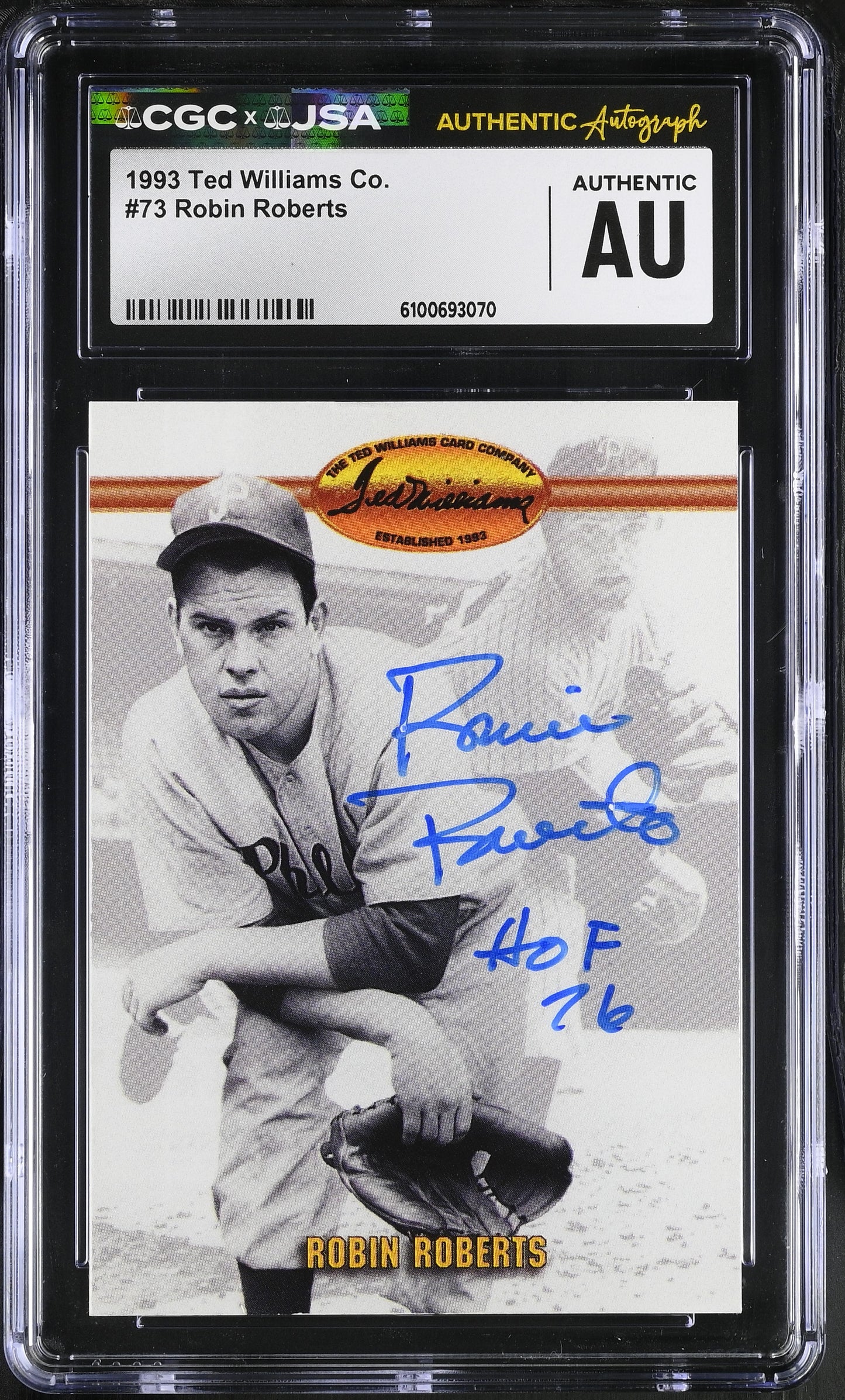 Robin Roberts 1993 Ted Williams Co. Signed/Auto Card #73 HOF CGC x JSA BA206407