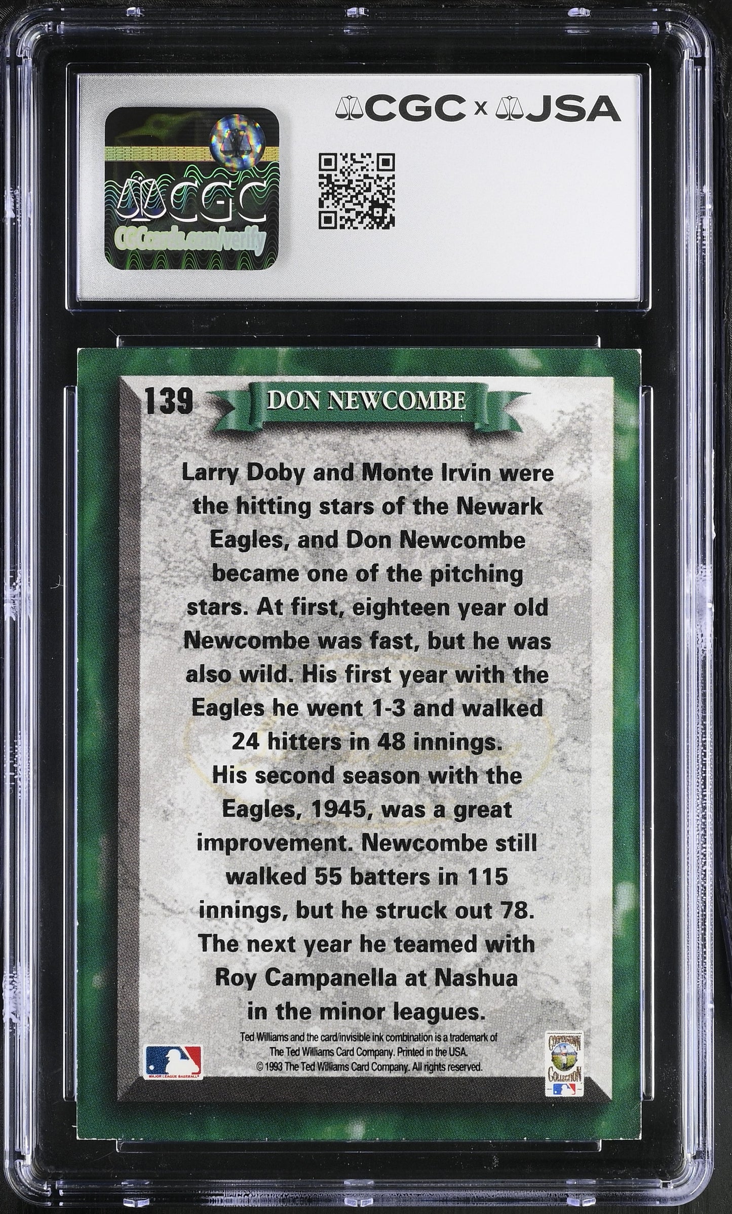 Don Newcombe 1993 Ted Williams Co. Signed/Auto Card #139 CGC x JSA BA206411