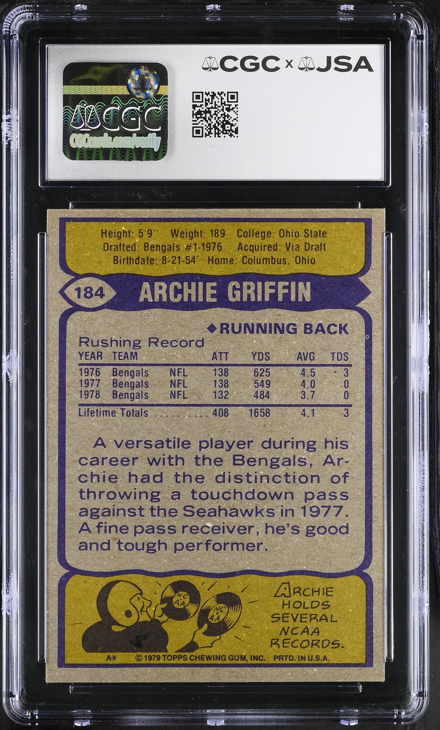 Archie Griffin 1979 Topps Signed/Autographed Card #184 CGC x JSA BA206412