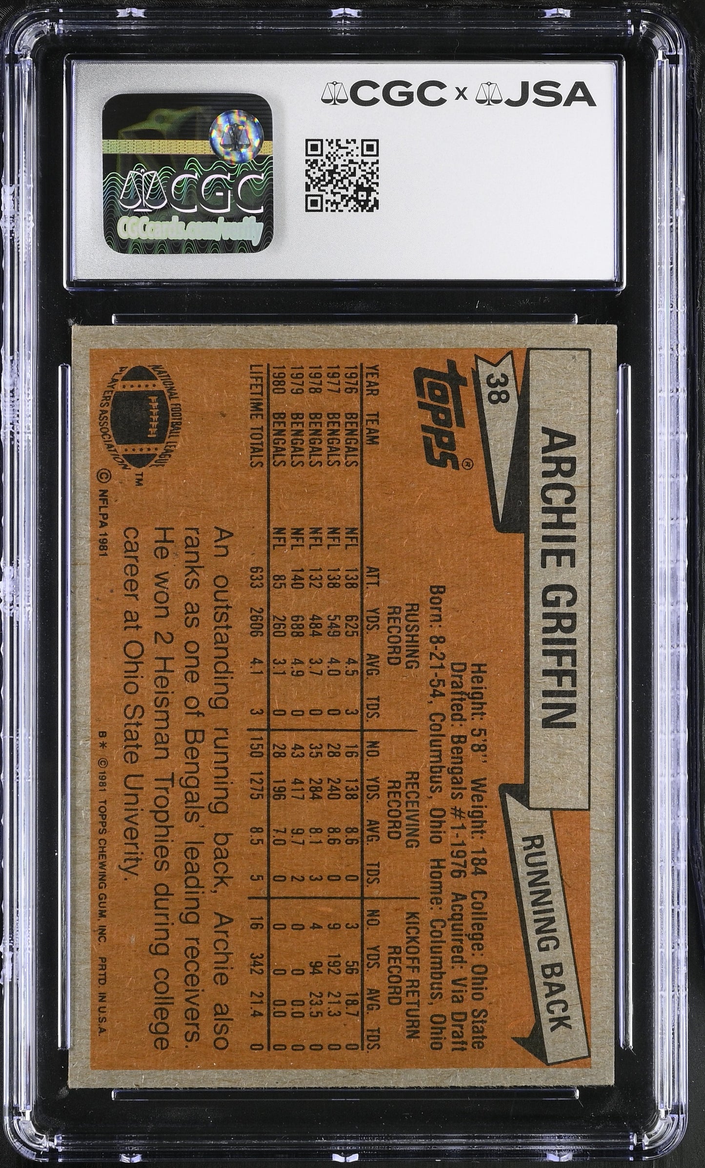 Archie Griffin 1981 Topps Signed/Autographed Card #38 CGC x JSA Bengals BA206413