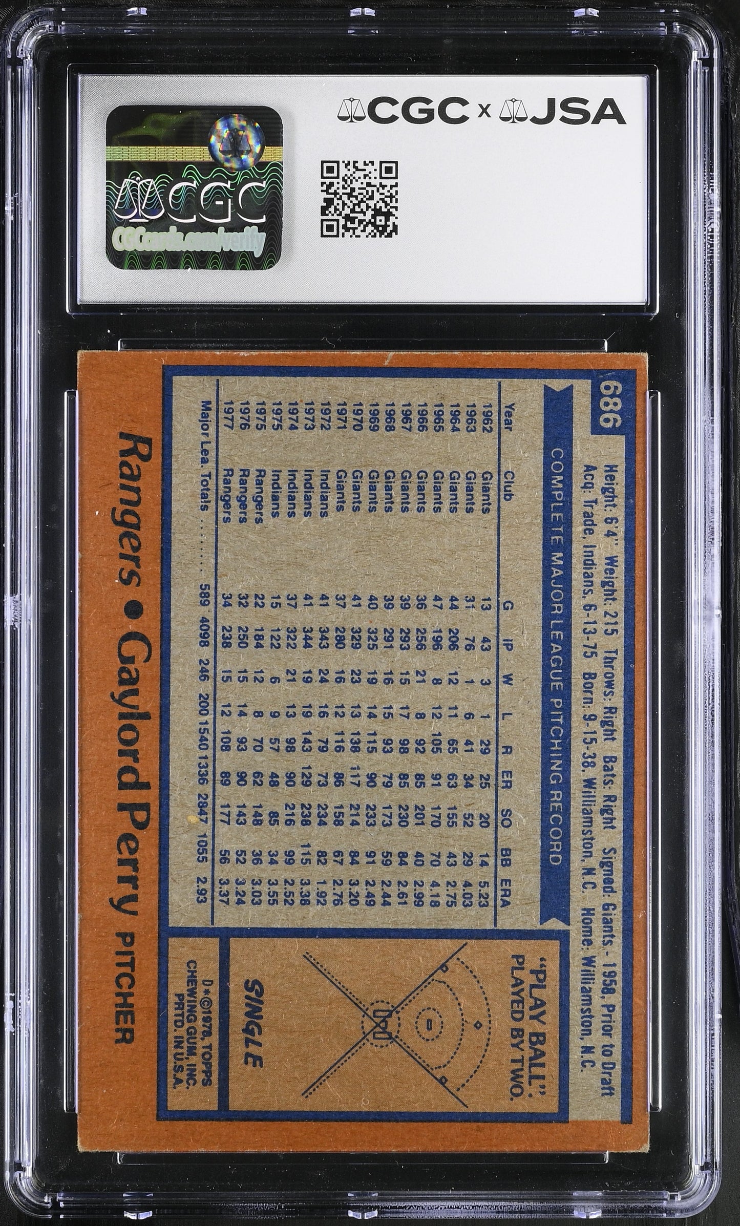 Gaylord Perry 1978 Topps Signed/Autographed Card #686 HOF CGC x JSA BA206419