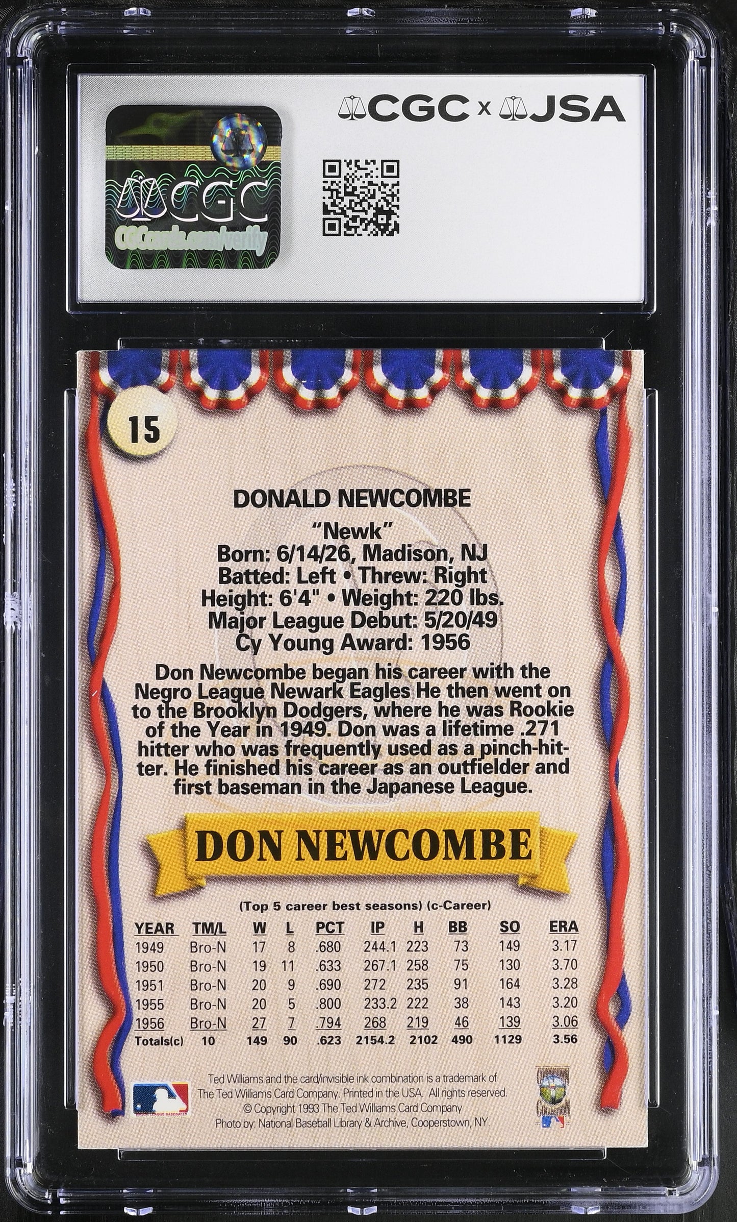 Don Newcombe 1993 Ted Williams Co. Signed/Auto Card #15 CGC x JSA BA206420