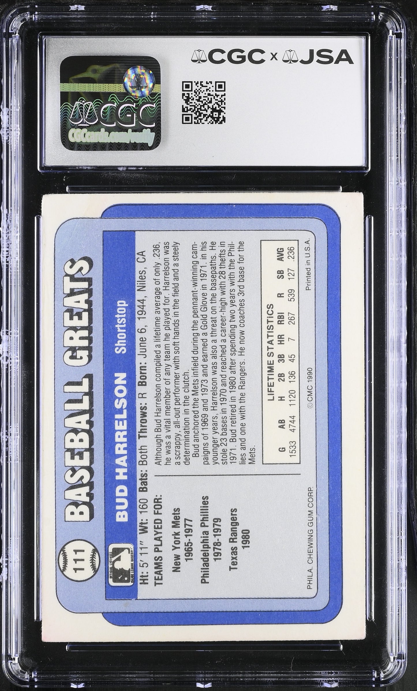 Bud Harrelson 1990 Swell Signed/Autographed Card #111 CGC x JSA 10 BA206425