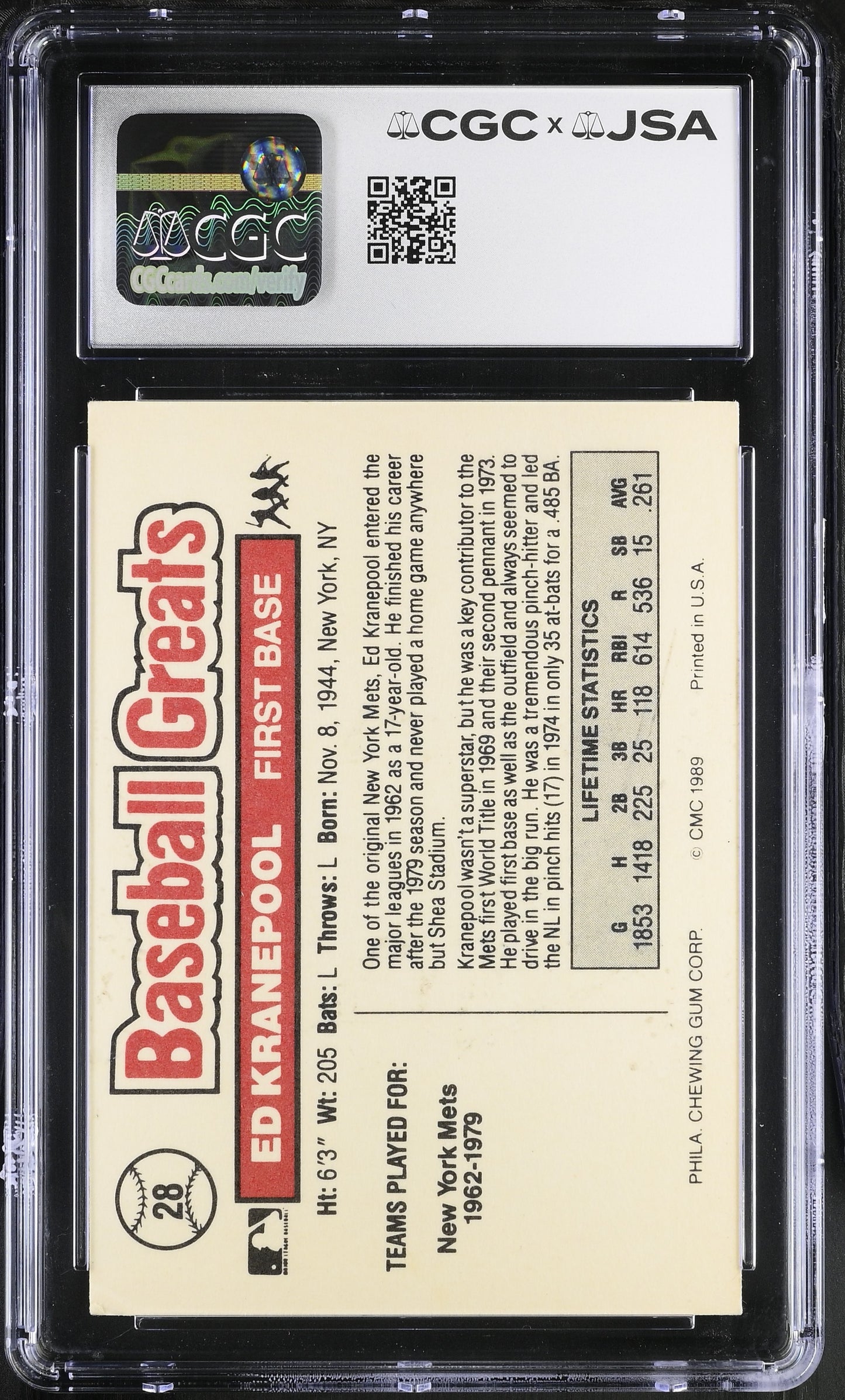 Ed Kranepool 1989 Swell Greats Signed/Autographed Card #28 CGC x JSA BA206427