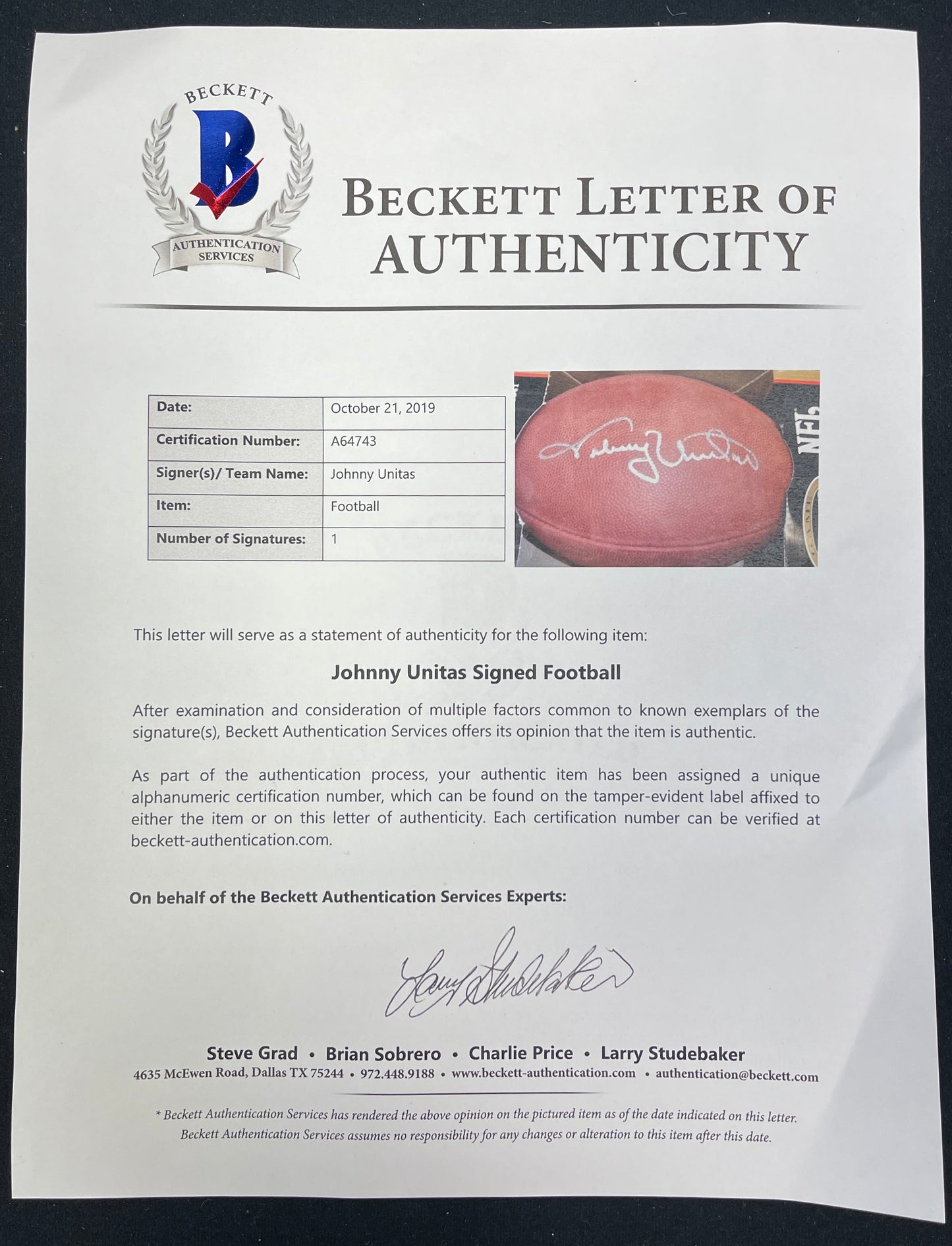 Johnny Unitas HOF Signed/Auto Wilson NFL Leather Football Colts Beckett 205446