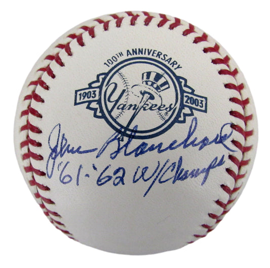 Johnny Blanchard Signed/Auto OML Yankees 100th Anniversary Baseball JSA 204863