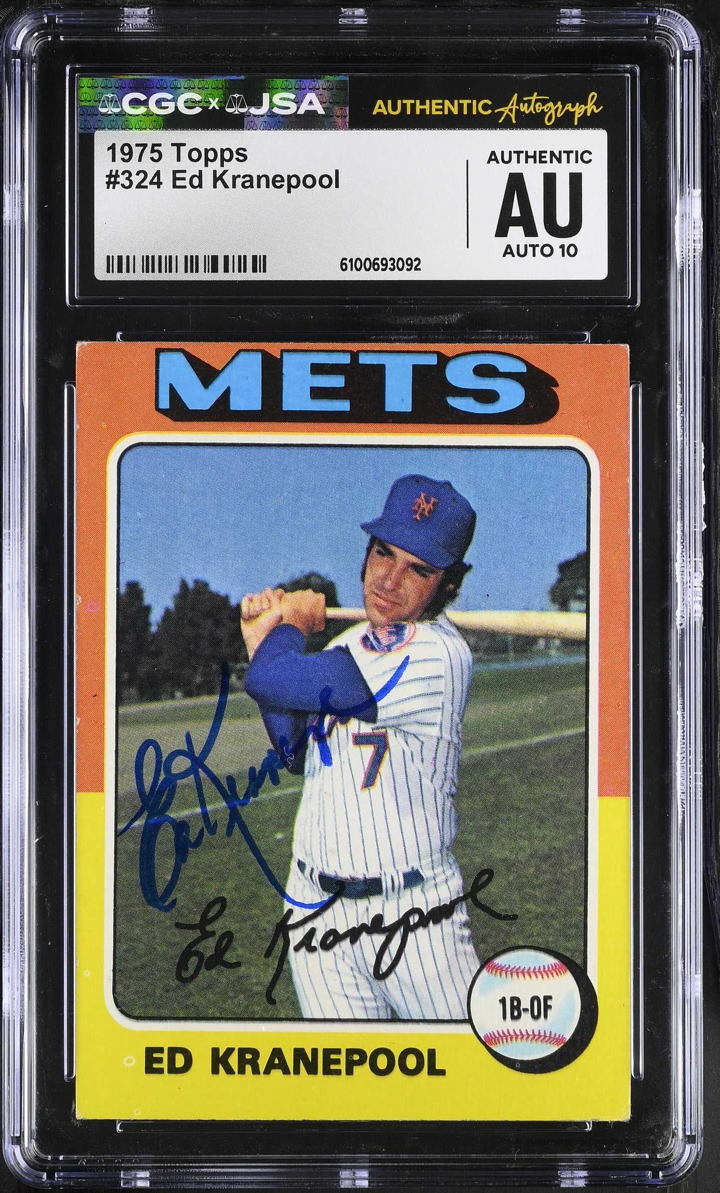 Ed Kranepool 1975 Topps Signed/Autographed Card #324 CGC x JSA 10 BA206429
